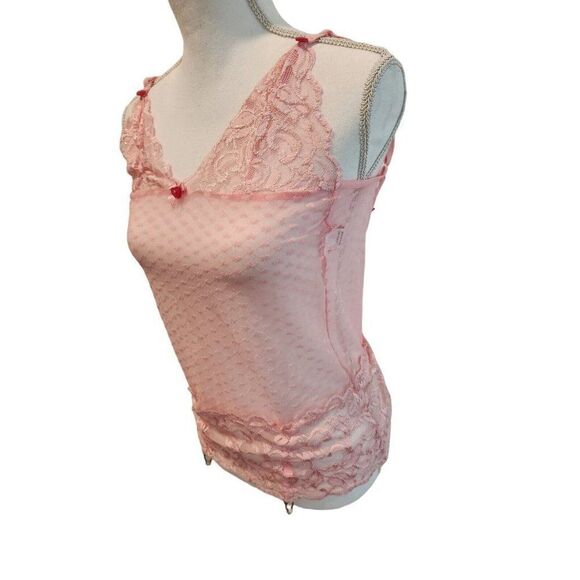 Vintage 90s Shirley of Hollywood Top Pink Lace Teddy Intimates Garter M Sexy - Picture 2 of 7